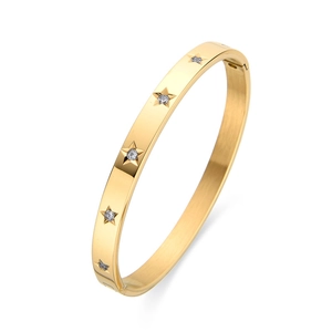 Gold stainless steel hinged bangle featuring five star-shaped patterns with inset crystals