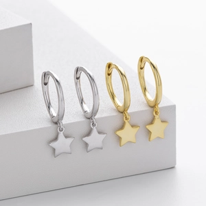 S925 sterling silver star pendant earrings in silver and gold minimalist hoop style