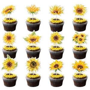 Sunflower Cupcake Toppers Paper Decorative Cake Picks For Birthday Party Wedding Watercolor Floral Dessert Ornaments