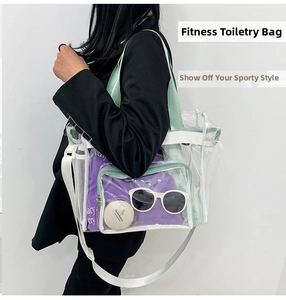 Detail of transparent PVC beach bag with mint green straps and side mesh pocket