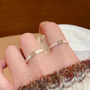 Elegant Open Ring Adjustable Copper Enamel Glaze Rectangular Zircon Inlaid Minimalist Korean Style Jewelry For Women