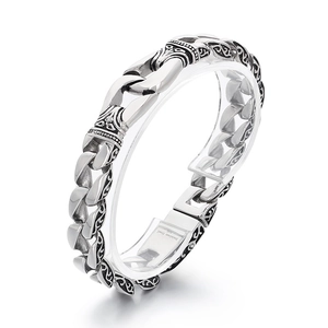 Mens vintage stainless steel totem chain bracelet with intricate black engraved patterns