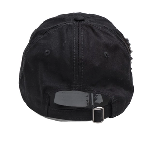 Distressed black cotton baseball cap with adjustable metal buckle and torn vintage details