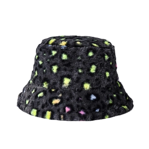 Colorful leopard print faux fur bucket hat for winter featuring black plush base and neon spots