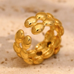 18K gold-plated stainless steel double-layered open ring with pebble texture for women
