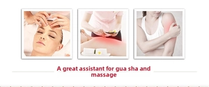 Three-way split view showing wood massager used on face, back, and arms for guasha therapy