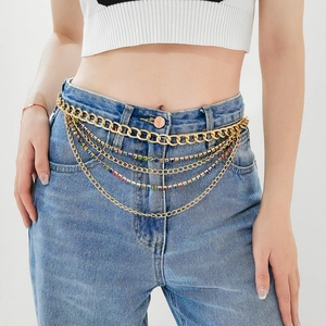 Chaîne de taille multicouche dorée avec strass colorés pour jeans et style streetwear