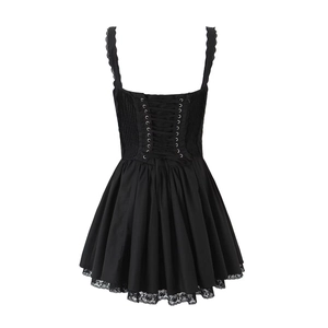 Gothic black lace corset dress with drawstring back and elegant flared skirt