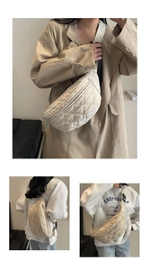 Detailed views of an off-white quilted crossbody chest bag with adjustable strap on a model