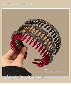 Close-up of three velvet-wrapped headbands featuring sparkling rhinestones with inner teeth