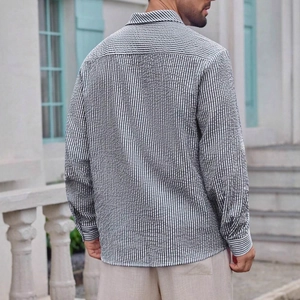 Men's breathable grey striped long sleeve shirt in slim fit cotton linen fabric