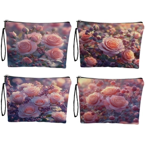 Vintage Floral Print Makeup Bag Fine Linen Rose Cosmetic Pouch With Zipper And Wristlet Strap Travel Toiletry Organizer