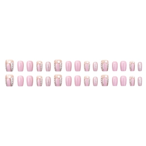 Pink and white star press-on nails with silver glitter and polka dots in short square shape