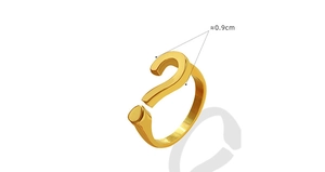 Detailed view of gold question mark ring showing 0.9cm width dimension on white background