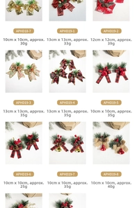 Close-up of Christmas box ornaments with pine cones, red berries and plaid bows