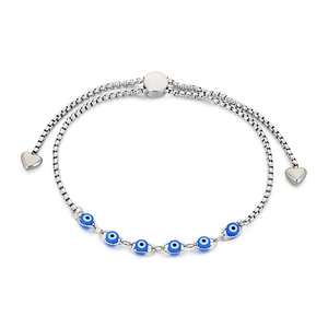 Silver stainless steel Evil Eye chain bracelet with adjustable heart charm and blue beads