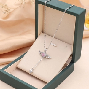 Elegant Cupid angel wings necklace with pink heart gemstone on silver titanium steel chain