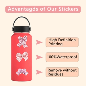 Waterproof pink coquette bow stickers on a red bottle featuring high definition printing