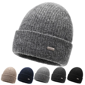 Knitted Beanie Hat Ribbed Acrylic Winter Warm Cuffed Skullcap With Metal Plate Outdoor Casual For Men Women