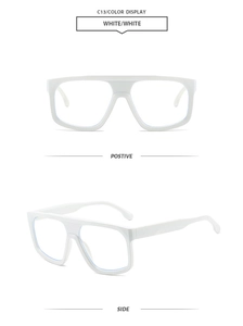 Front and side detail of white oversized sunglasses featuring a sleek, futuristic frame