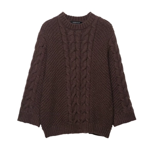 Women Cable Knit Sweater Chunky Crew Neck Long Sleeve Loose Fit Warm Casual Solid Color Pullover Top