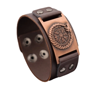 Vintage brown leather wide bracelet with bronze Viking Vegvisir and Ouroboros metal plate