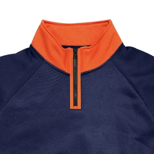 Close-up of the navy blue and orange contrast collar with a half-zipper on the sweatshirt