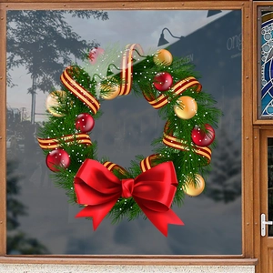 Weihnachtskranz Fensteraufkleber mit roter Schleife und Kugeln für festliche Dekoration