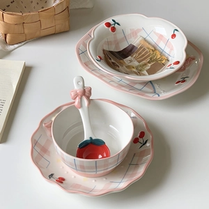 Pink checkered ceramic tableware set with cherry pattern plate bowl and bow spoon