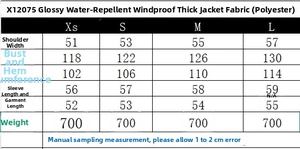 Detailed size chart for glossy windproof jacket showing measurements in centimeters
