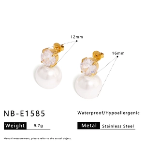 Detail view of gold stainless steel pearl earrings with dimensions and features