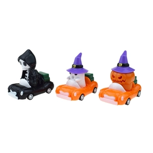 Detailed view of Halloween pull-back toy cars featuring skeleton, ghost, and pumpkin designs