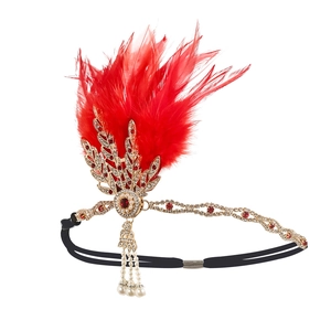 Luxurious 1920s Gatsby headband with red feathers, rhinestones, and pearls decoration