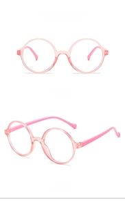 Pink round frame children's glasses showing front and side views with clear pink temples