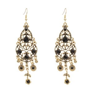Vintage gold hollow floral earrings with black rhinestones and teardrop pendants