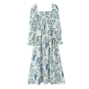 Close-up of square neckline and smocked bodice detail on white floral dress