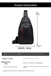 Detailed size specifications for the men's PU leather chest bag with 18x30x5cm dimensions