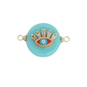 Evil Eye turquoise blue pendant with crystal gold double connector for jewelry making