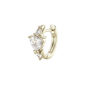 Elegant gold huggie earring with heart and pear-shaped zircon stones on white background