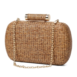 Elegant khaki woven straw evening clutch bag with a golden metal clasp and chain strap