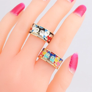 Golden Husky face enamel ring with colorful zircon accents and adjustable open band