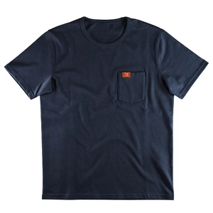 Detail of navy blue cotton t-shirt showing chest pocket with orange brand woven label