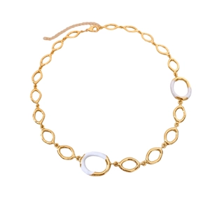 Minimalist gold chain necklace with interlocking white enamel oval rings on white background