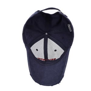 Navy blue vintage baseball cap with distressed brim and adjustable metal buckle