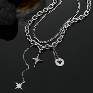 Double-layered stainless steel necklace with star pendants and Tai Chi yin yang style aesthetic