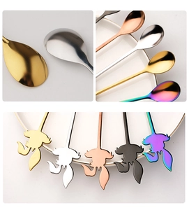 Detailed views of creative 304 stainless steel coffee spoons in five elegant metallic colors