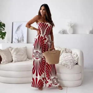 Red and white geometric print off-shoulder smocked jumpsuit with wide legs for summer