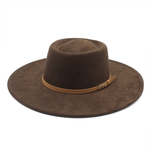 Classic dark brown wide brim fedora hat with suede finish and leather band detail