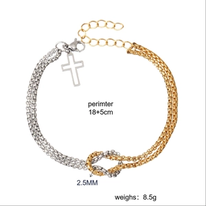 Double-layered stainless steel box chain bracelet with cross pendant and two-tone finish