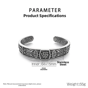 Close-up of stainless steel Viking bracelet with Valknut symbols and Nordic engravings